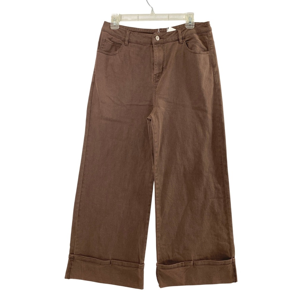 Entro Pants Women Large Chocolate Brown Wide Leg Cropped Cuffed Dark Academia
